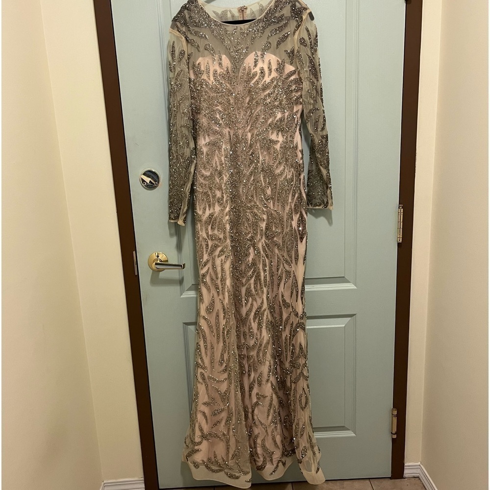 CUSTOM  Formal Beaded Fit and Flair Dress with Nude Lining and Sheer Arms
